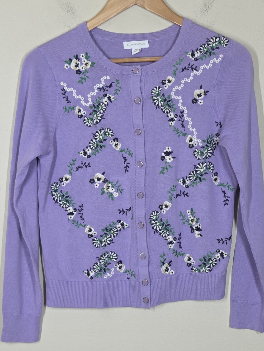 Charter Club Lavender Purple Floral Embroidered Cardigan PM Cottagecore Romantic